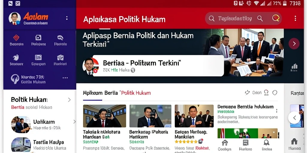 Antarmuka aplikasi 73K menampilkan berita politik dan hukum terkini.