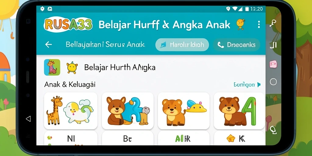 Antarmuka RUSA33 yang cerah dan interaktif untuk belajar huruf dan angka.